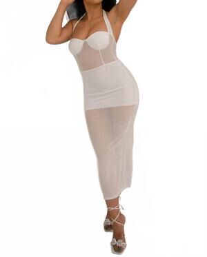 NEW NEW PINK nicole halter midi dress in white